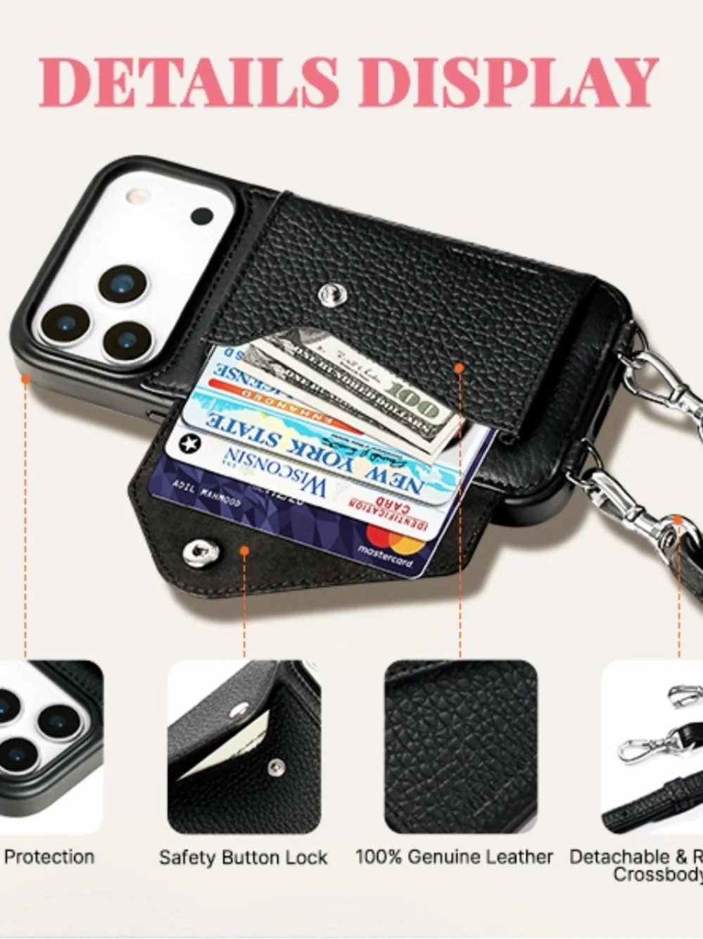 iPhone 16 Pro Leather Crossbody Phone Case with Card Pocket - Black